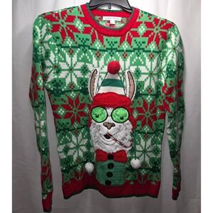 Men's Llama Ugly Christmas Sweater Sz Small Candy Cane Pom-Pom Hat